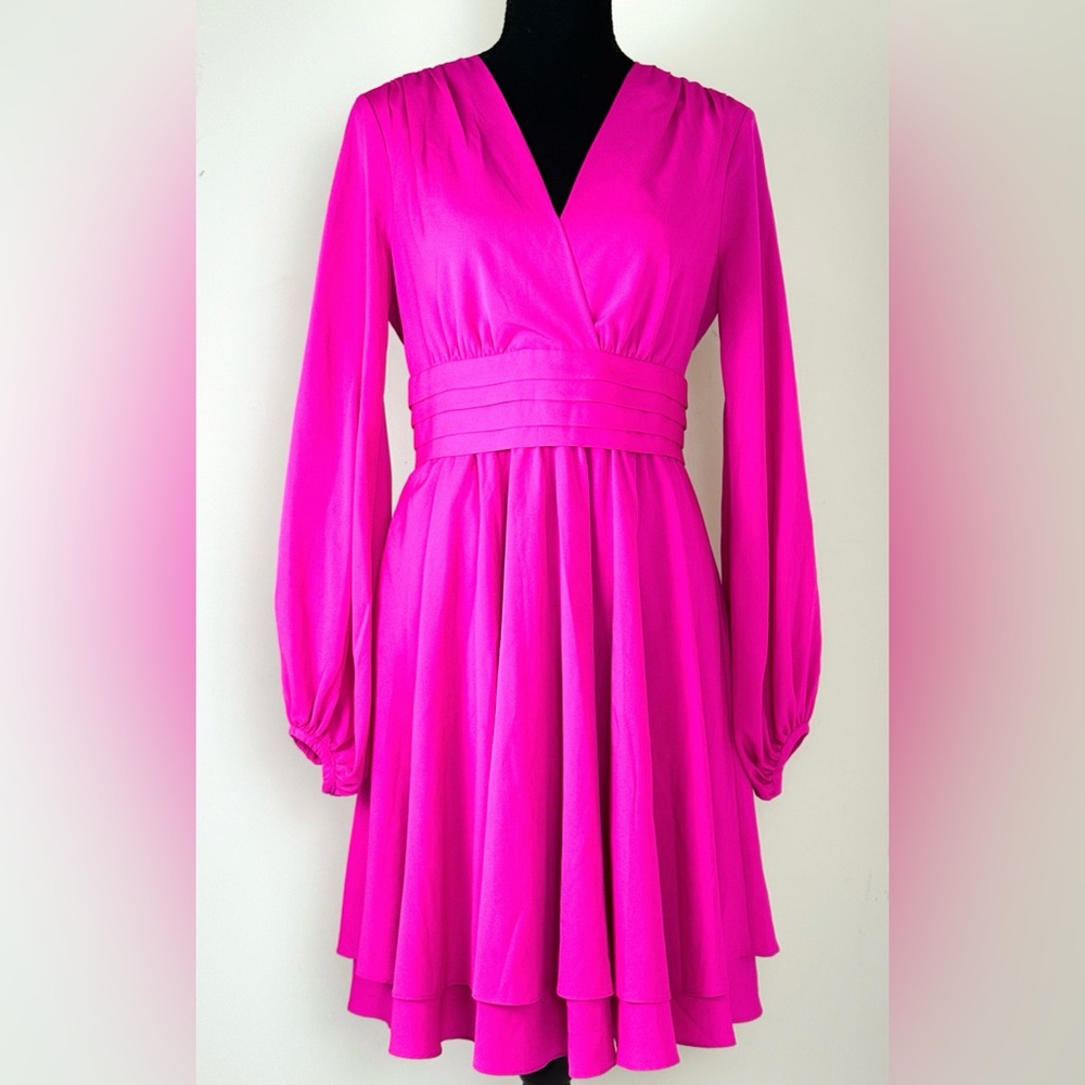 Eliza J Hot Pink Fuschia Long Sleeve Fit & Flare V-Neck Dress-Small - Picture 2 of 10